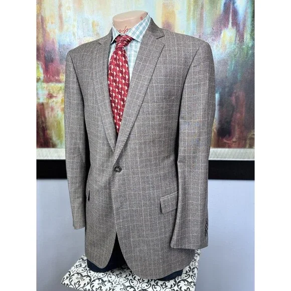J Hilburn Mens Brown Glen Check Soft Wool Blazer 46L MSRP $1299